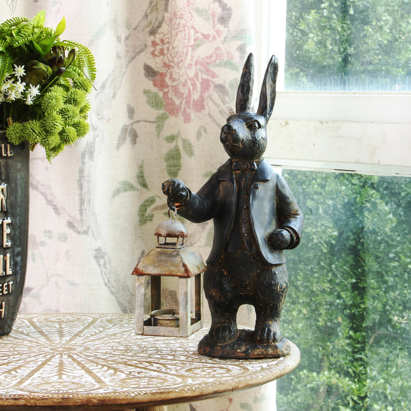 August Grove Garden Bunny Statue Metal Lantern Wayfair
